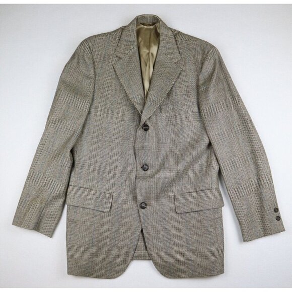 VINTAGE MEN'S BEIGE PLAID 100% WOOL BLAZER JACKET - SIZE 40 - Picture 1 of 8